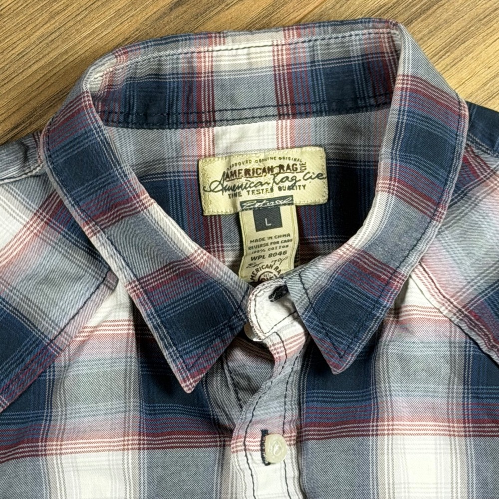 American‎ Rag Mens Large Plaid Western Button Down Shirt Navy Red White Epaulets